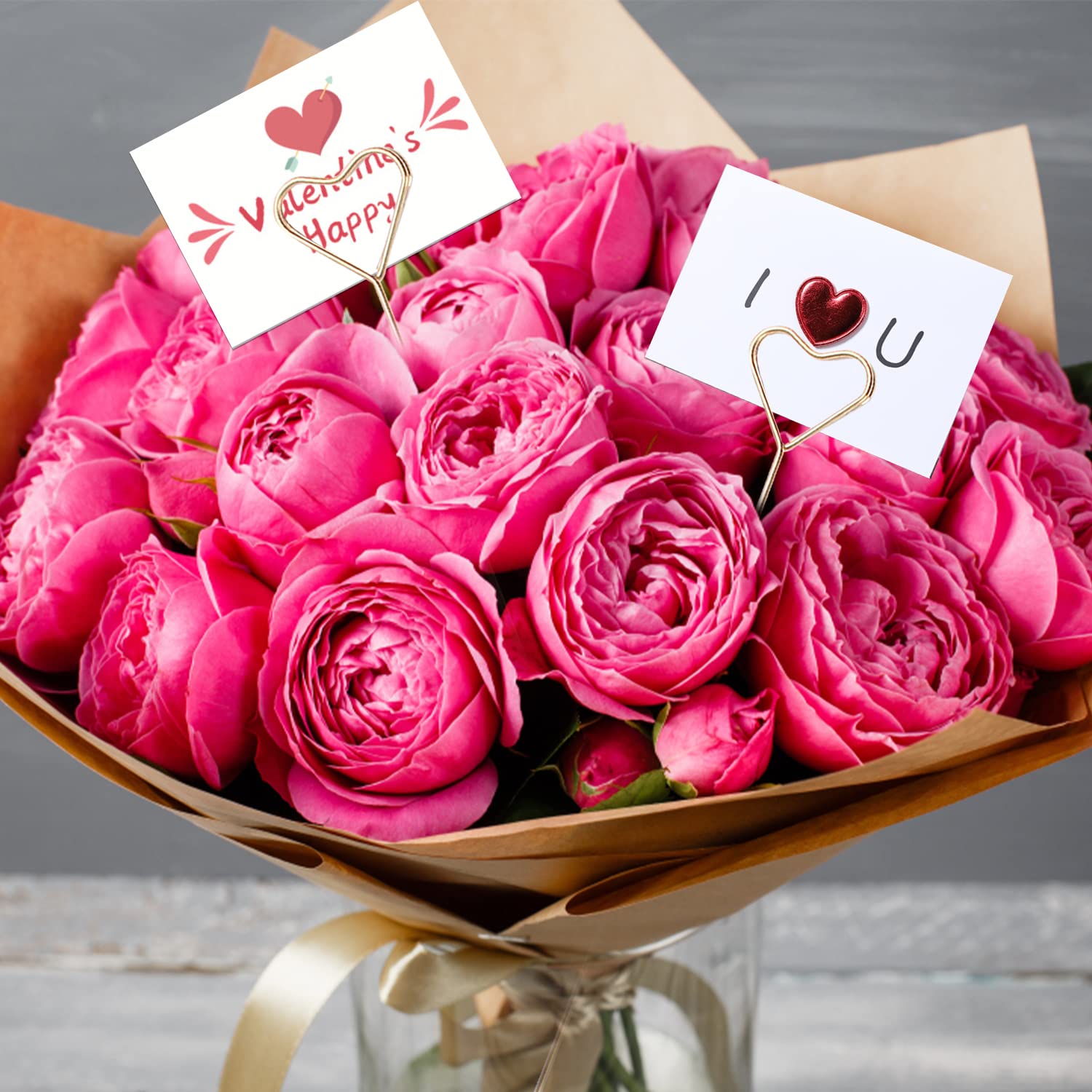 Kimober 30Pcs Metal Floral Place Card Holder,13.4 Inch Golden Heart Flower Picks Photo Memo Clips Gift Card Holder For Flower Ar